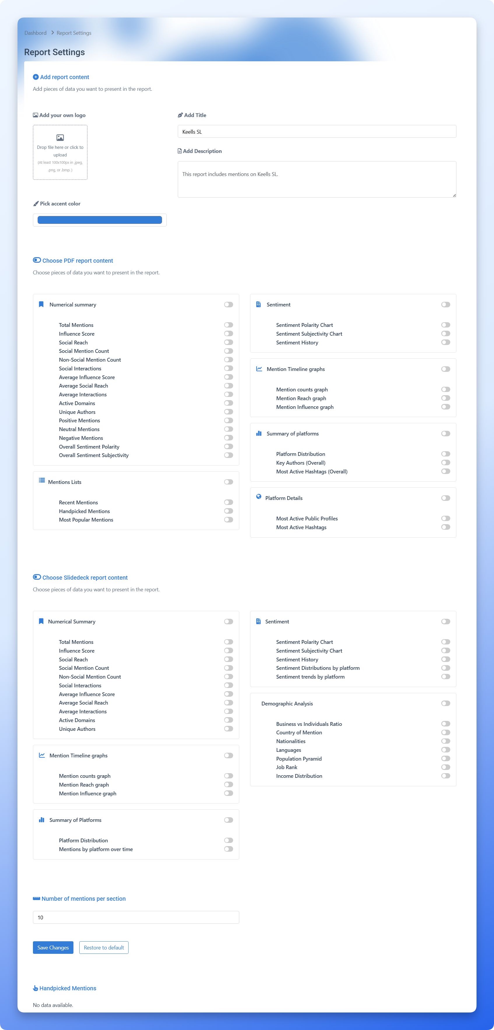 Report structure settings