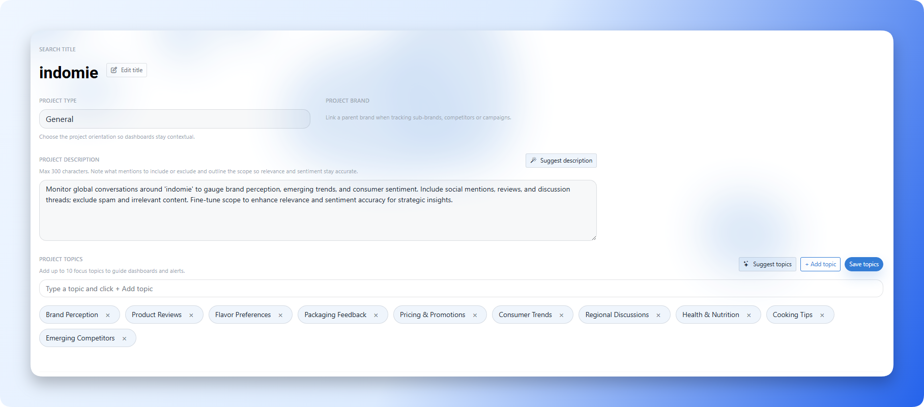Project setup screen showing title, description, and topic controls