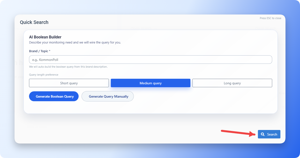 Quick Search page with the Search button